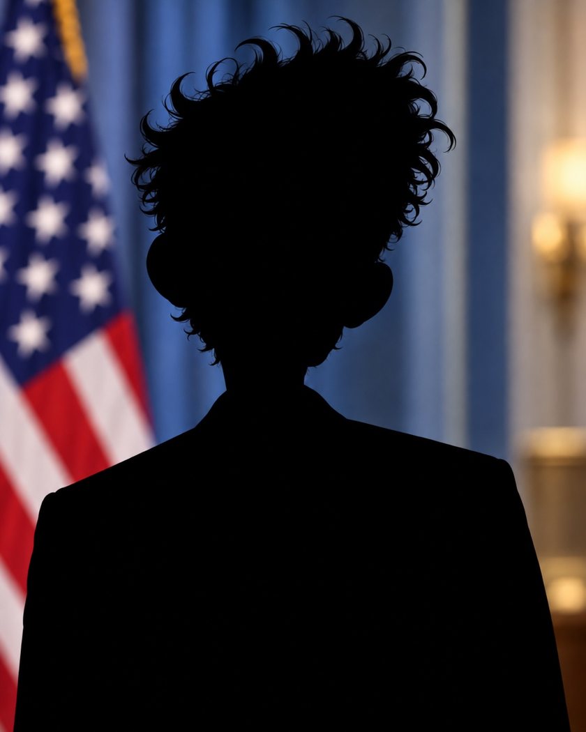 Silhouette of an unidentified press secretary in front of a flag and blue curtains.